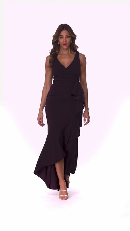 Betsy & Adam Petite "Candace" V-Neck Hi Low Cascade Dress - Mulberry