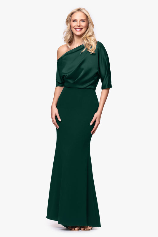 Betsy & Adam "Ana" Scuba Crepe & Satin Drop Shoulder Dress - Hunter