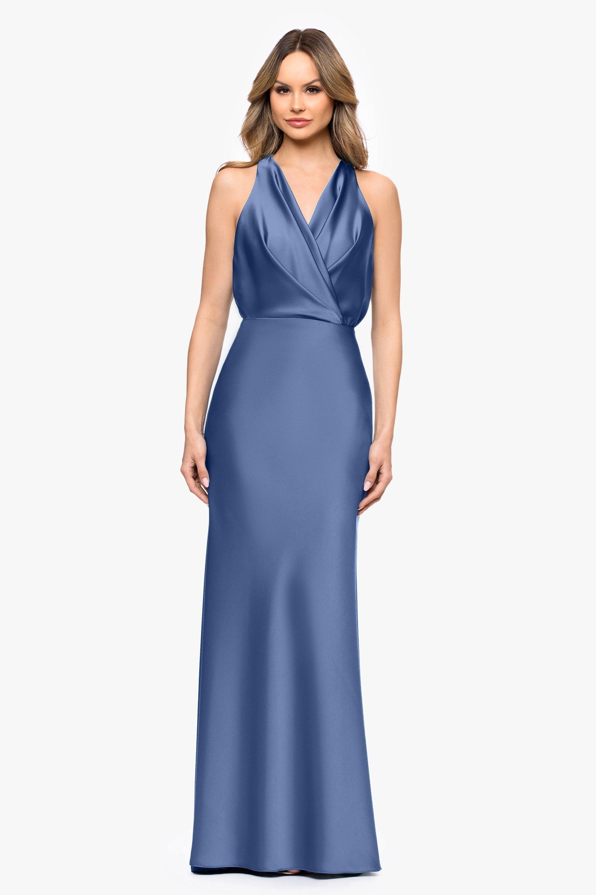 Betsy & Adam Petite "Zoella" Satin V-Neck Dress - Slate