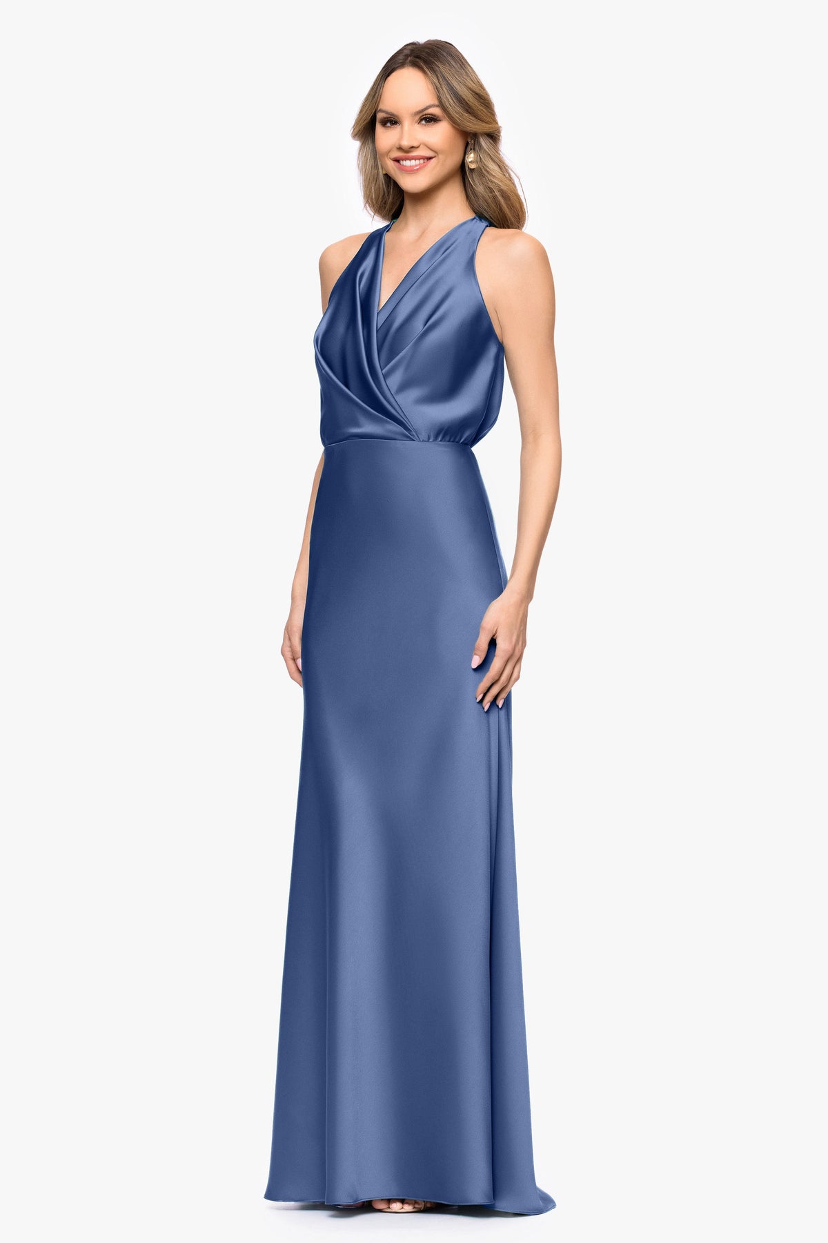 Betsy & Adam Petite "Zoella" Satin V-Neck Dress - Slate