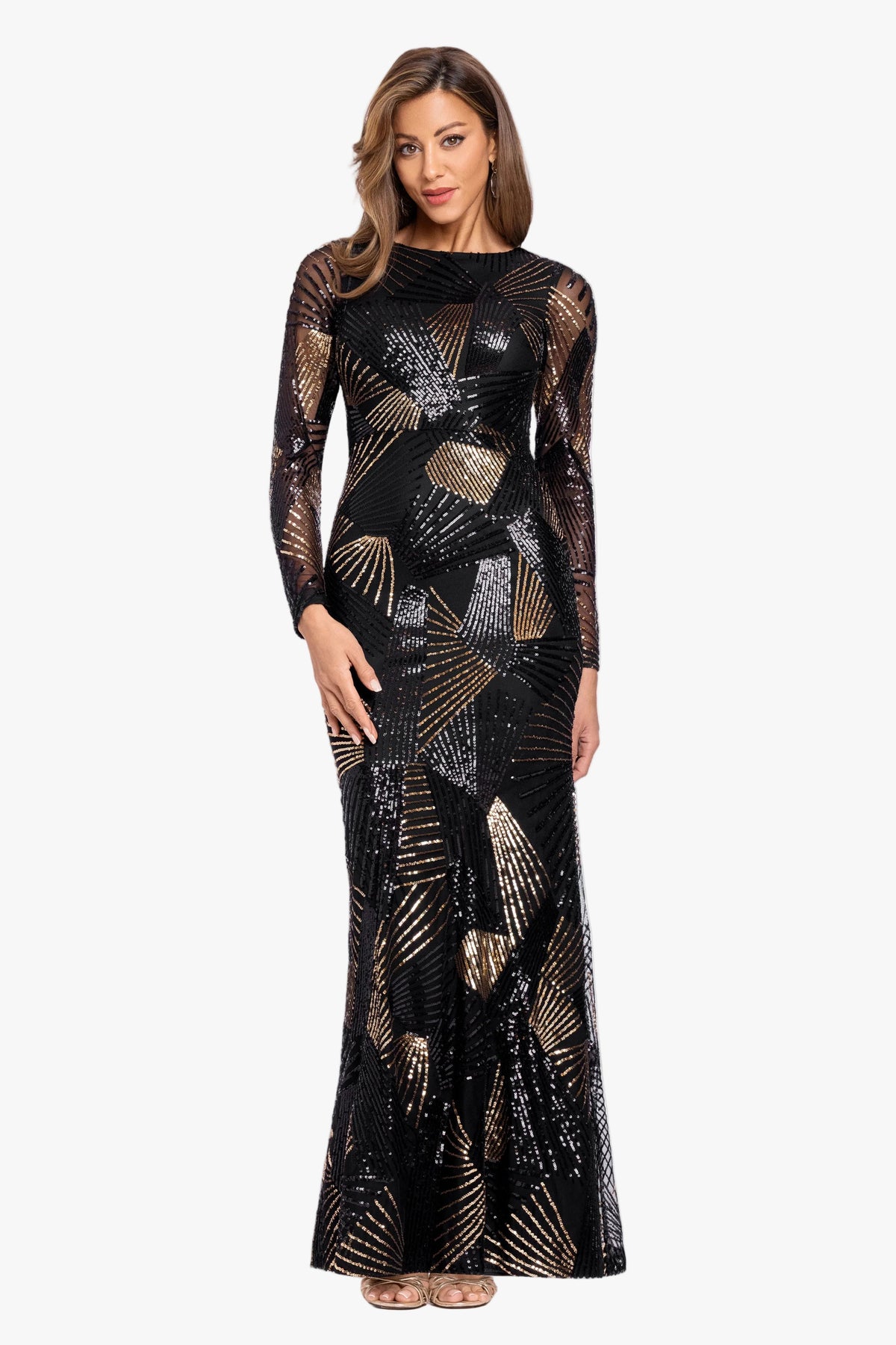 Betsy & Adam "Denise" Stretch Geo Sequin Pattern Long Sleeve Dress - Black/Gold