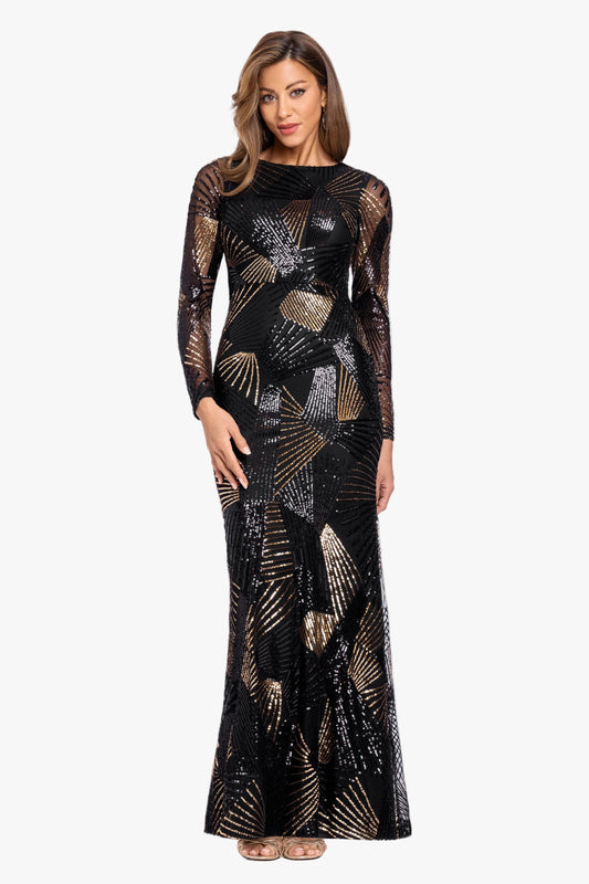 Betsy & Adam "Denise" Stretch Geo Sequin Pattern Long Sleeve Dress - Black/Gold