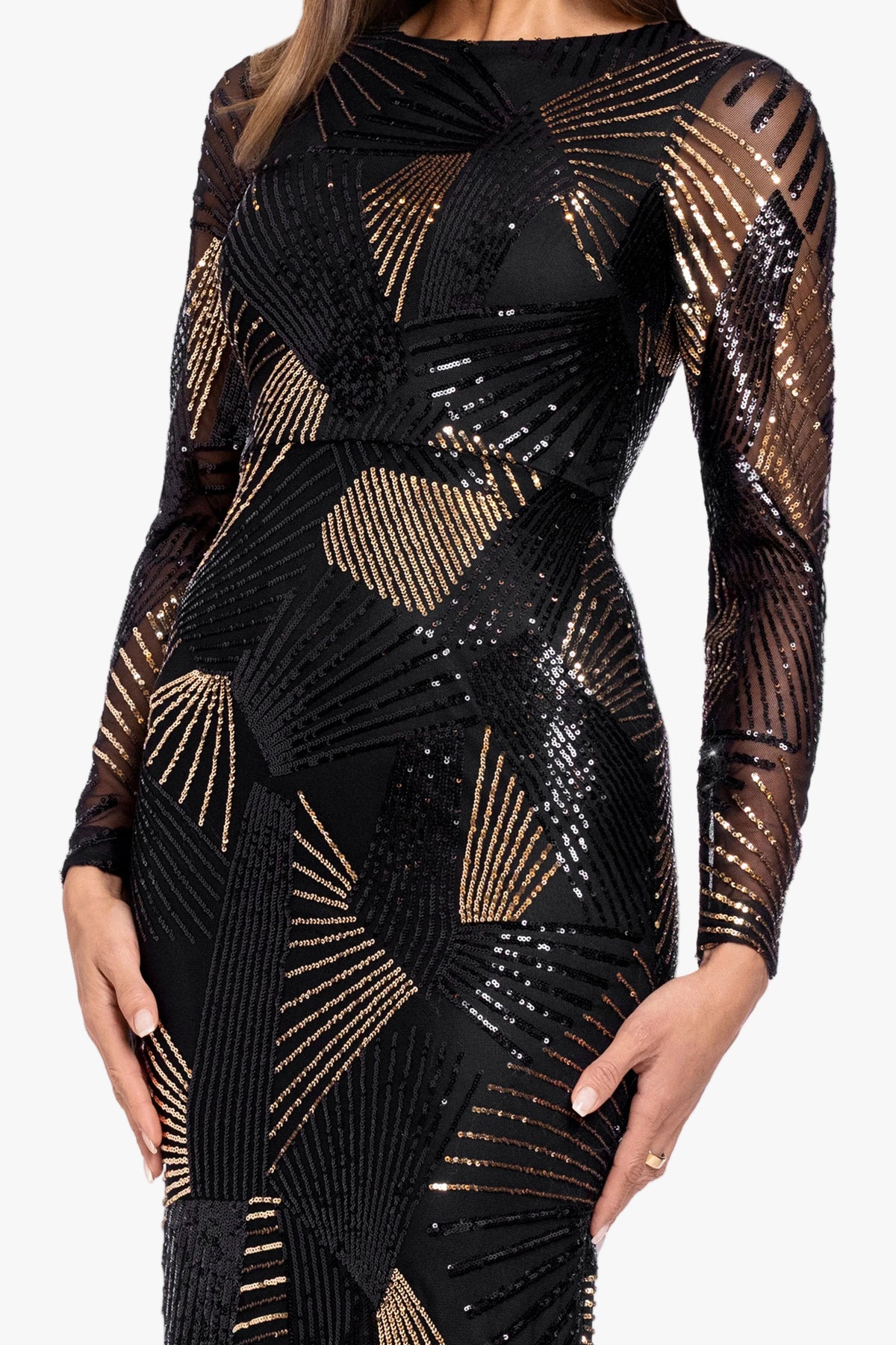 Betsy & Adam "Denise" Stretch Geo Sequin Pattern Long Sleeve Dress - Black/Gold