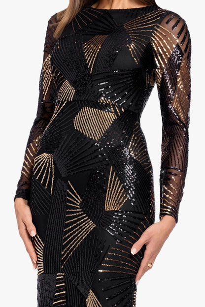 Betsy & Adam "Denise" Stretch Geo Sequin Pattern Long Sleeve Dress - Black/Gold