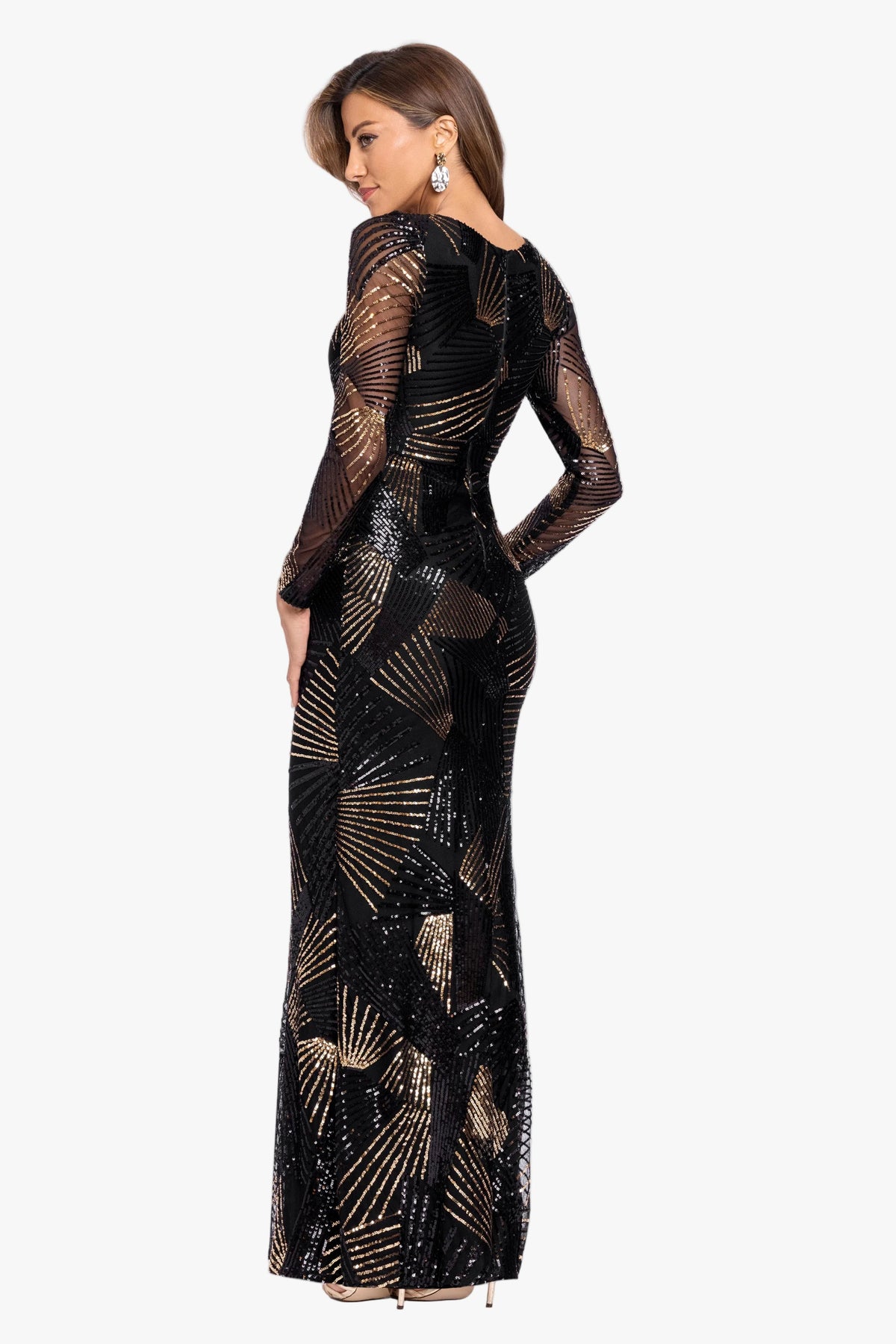 Betsy & Adam "Denise" Stretch Geo Sequin Pattern Long Sleeve Dress - Black/Gold