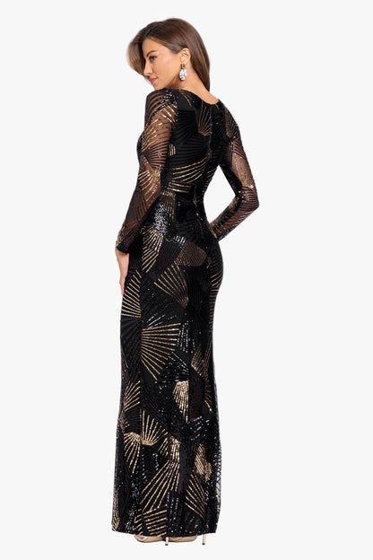 Betsy & Adam "Denise" Stretch Geo Sequin Pattern Long Sleeve Dress - Black/Gold