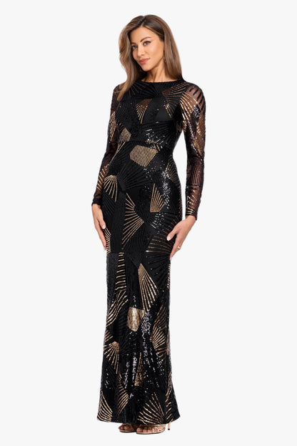 Betsy & Adam "Denise" Stretch Geo Sequin Pattern Long Sleeve Dress - Black/Gold