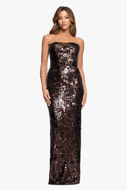 Betsy & Adam "Tyler" Heavy Sequin Strapless Dress - Brown