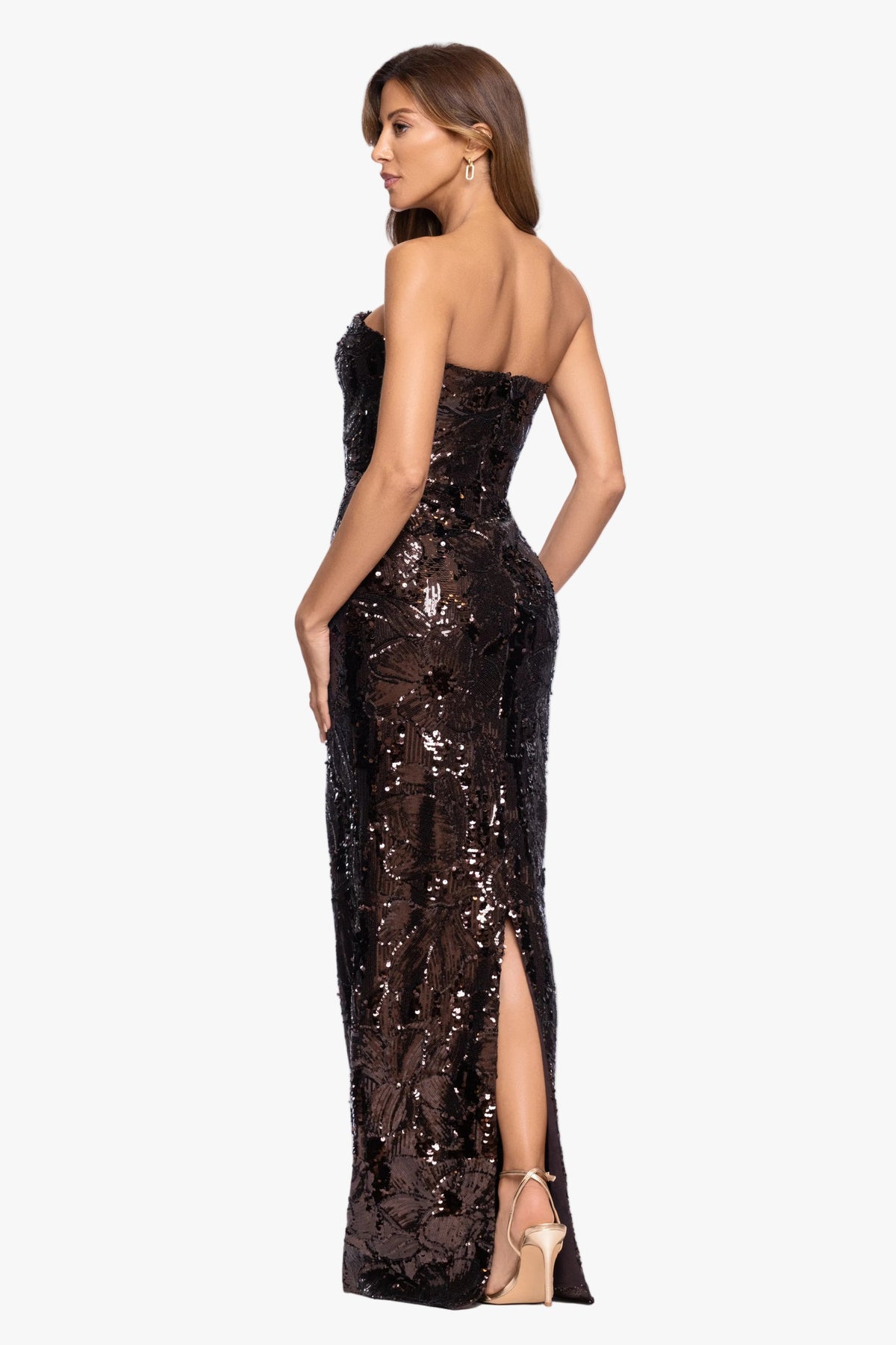 Betsy & Adam "Tyler" Heavy Sequin Strapless Dress - Brown