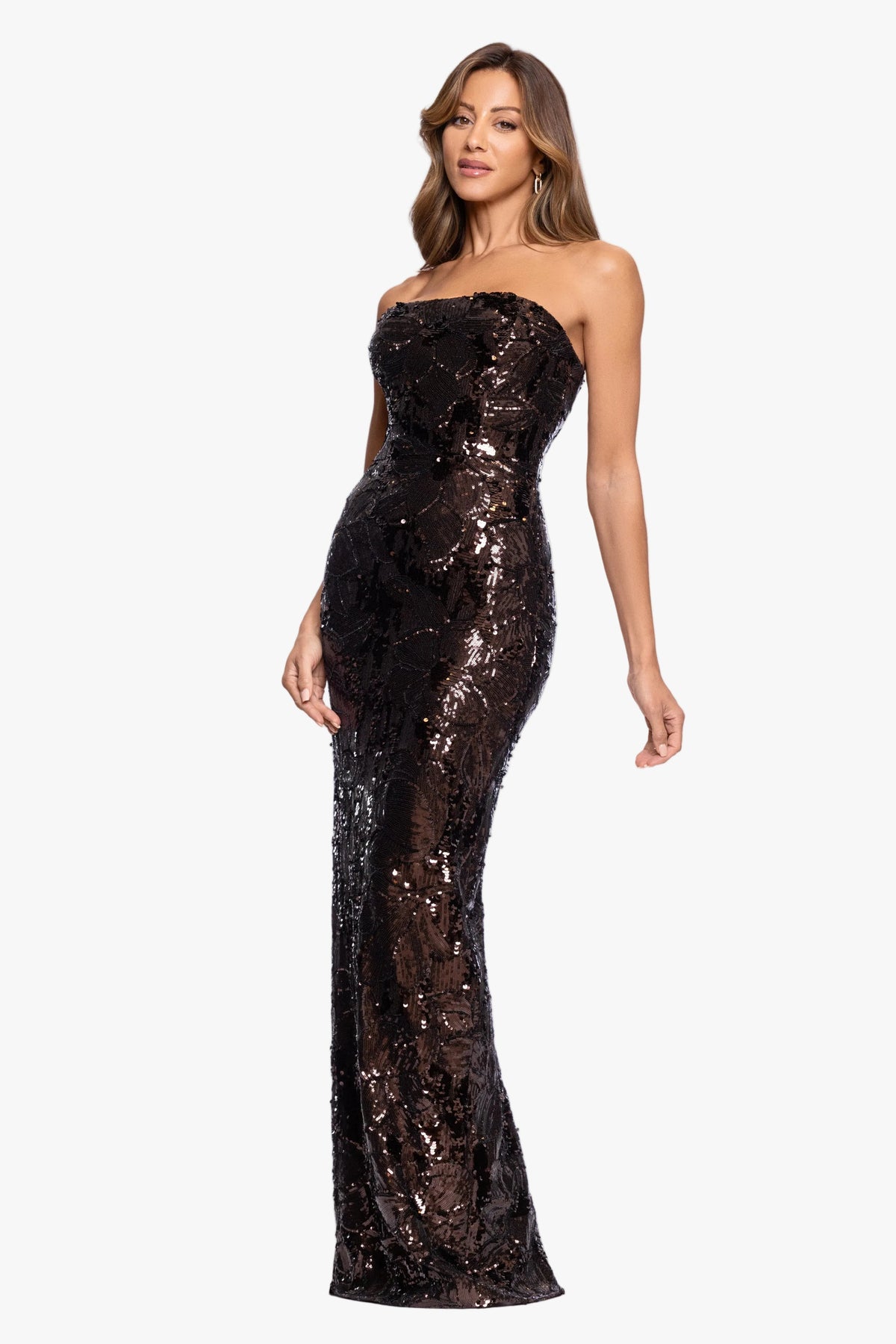 Betsy & Adam "Tyler" Heavy Sequin Strapless Dress - Brown