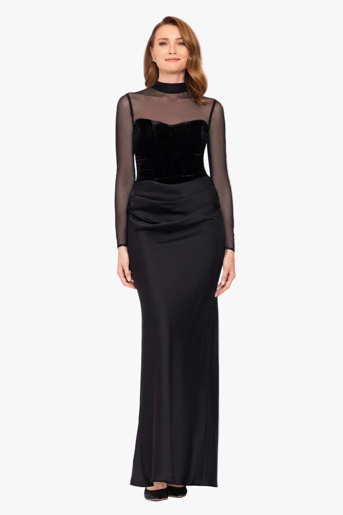 Betsy & Adam "Julia" Velvet Mock Neck & Satin Skirt Dress - Black