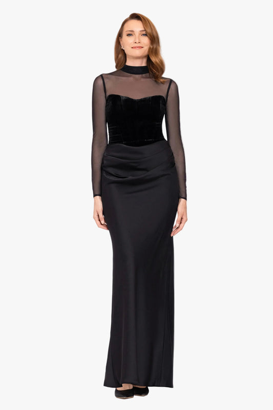 Betsy & Adam "Julia" Velvet Mock Neck & Satin Skirt Dress - Black