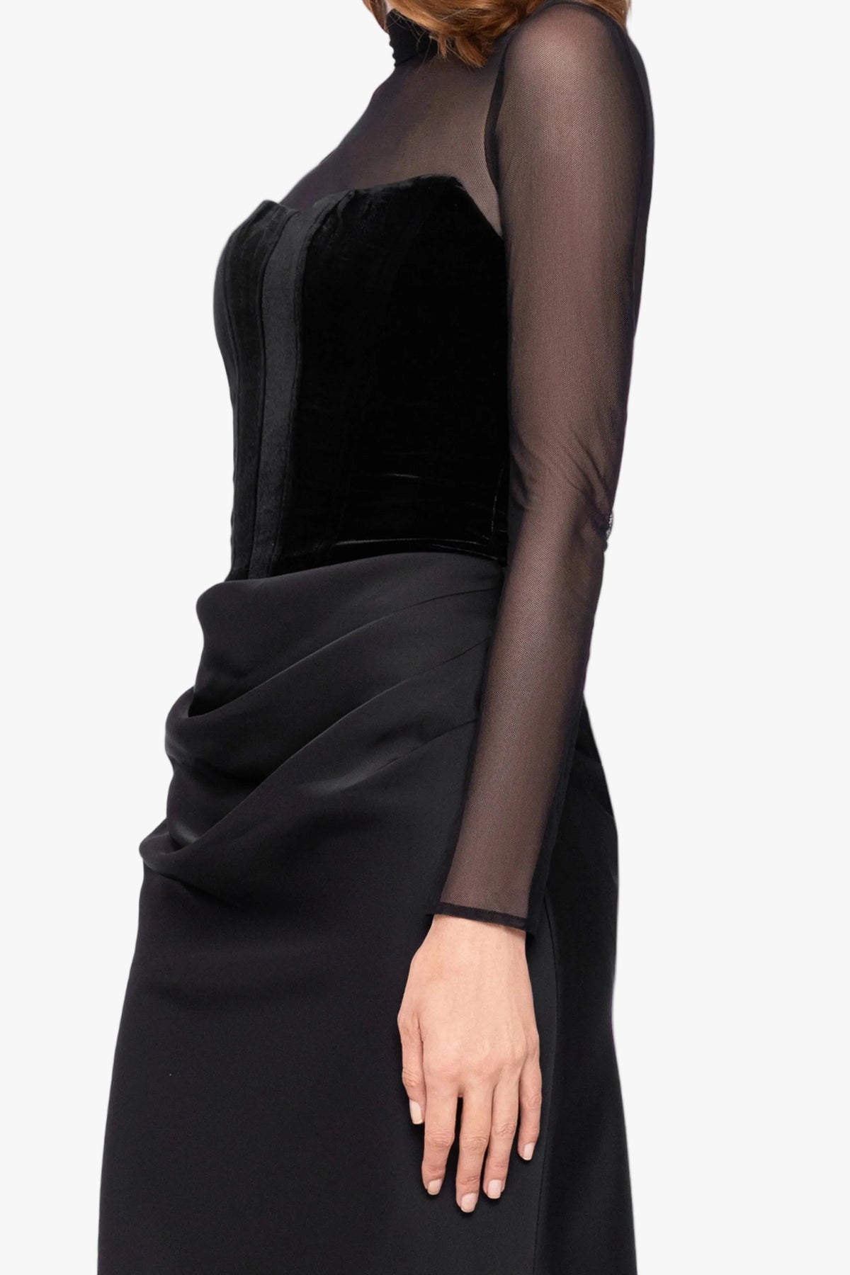 Betsy & Adam "Julia" Velvet Mock Neck & Satin Skirt Dress - Black