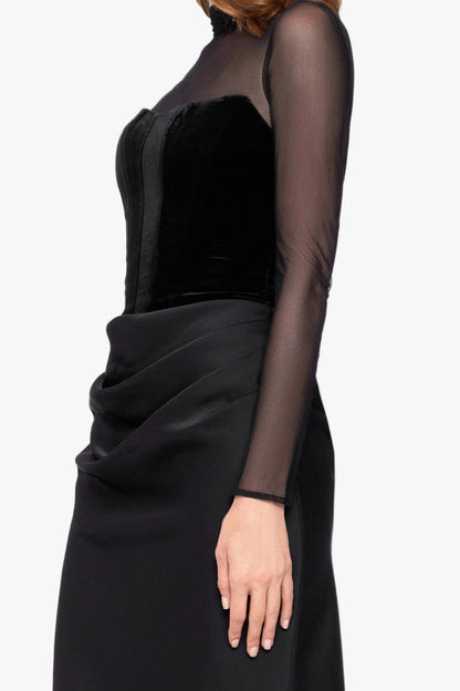 Betsy & Adam "Julia" Velvet Mock Neck & Satin Skirt Dress - Black