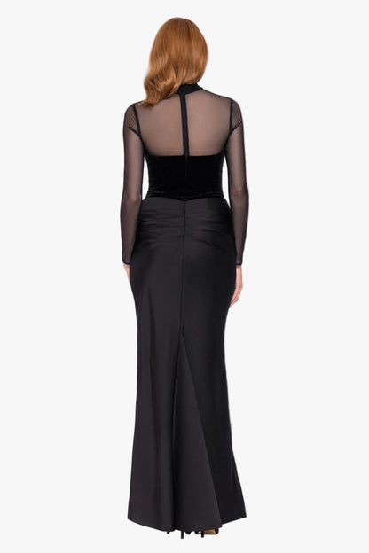 Betsy & Adam "Julia" Velvet Mock Neck & Satin Skirt Dress - Black