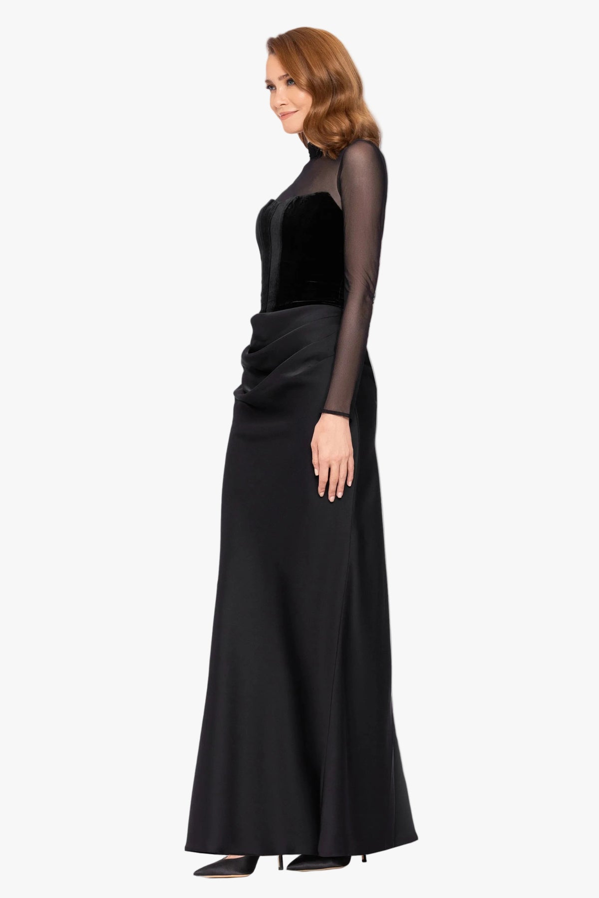Betsy & Adam "Julia" Velvet Mock Neck & Satin Skirt Dress - Black