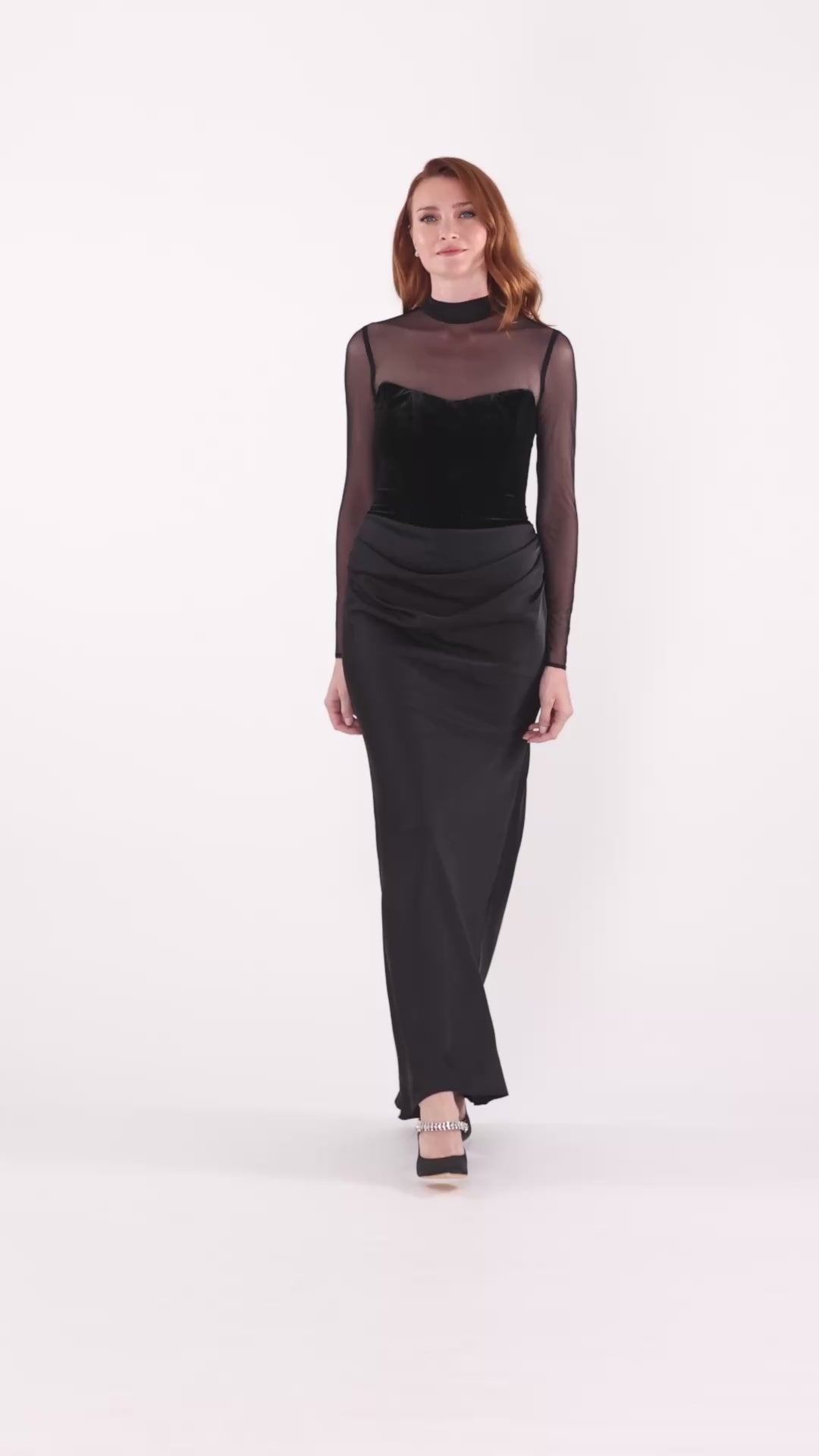 Betsy & Adam "Julia" Velvet Mock Neck & Satin Skirt Dress - Black