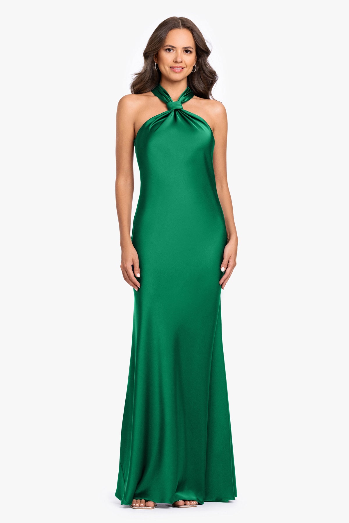 Betsy & Adam "Diane" Satin Knot Neck & Closed Back Dress - Emerald