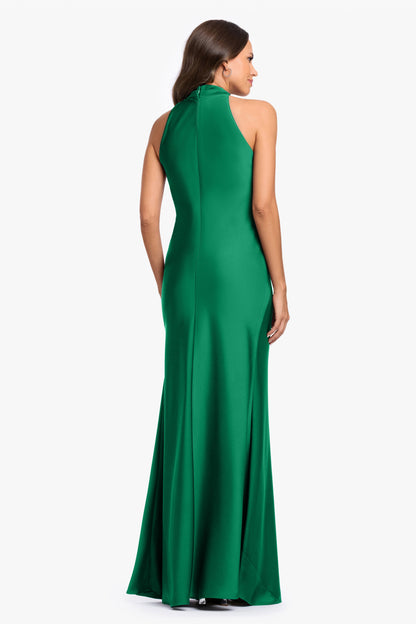 Betsy & Adam "Diane" Satin Knot Neck & Closed Back Dress - Emerald