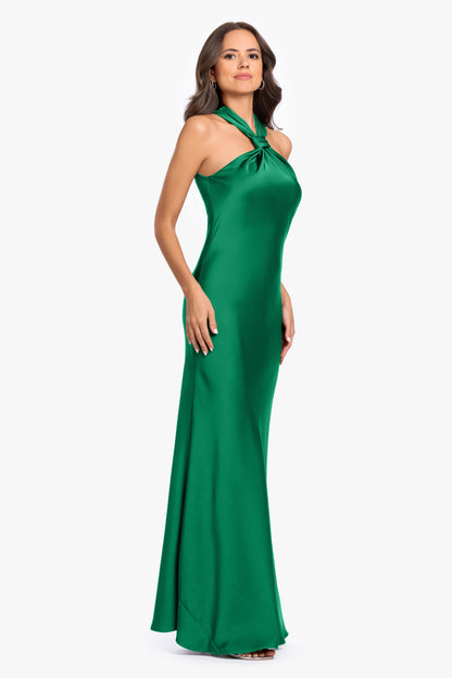 Betsy & Adam "Diane" Satin Knot Neck & Closed Back Dress - Emerald