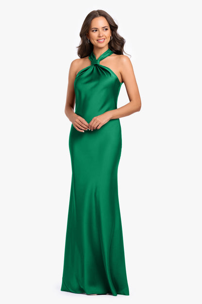Betsy & Adam "Diane" Satin Knot Neck & Closed Back Dress - Emerald