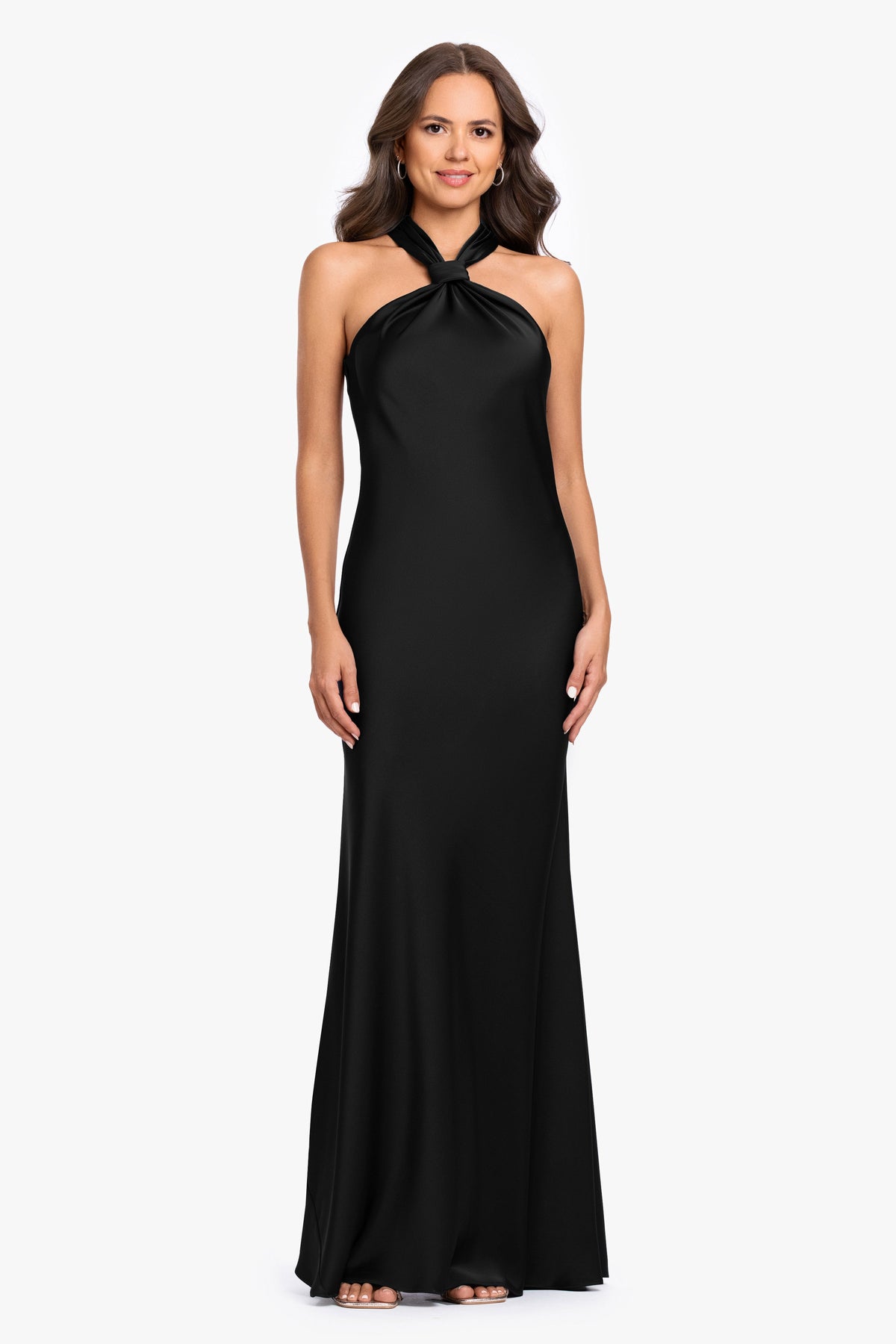 Betsy & Adam "Diane" Satin Knot Neck & Closed Back Dress - Black