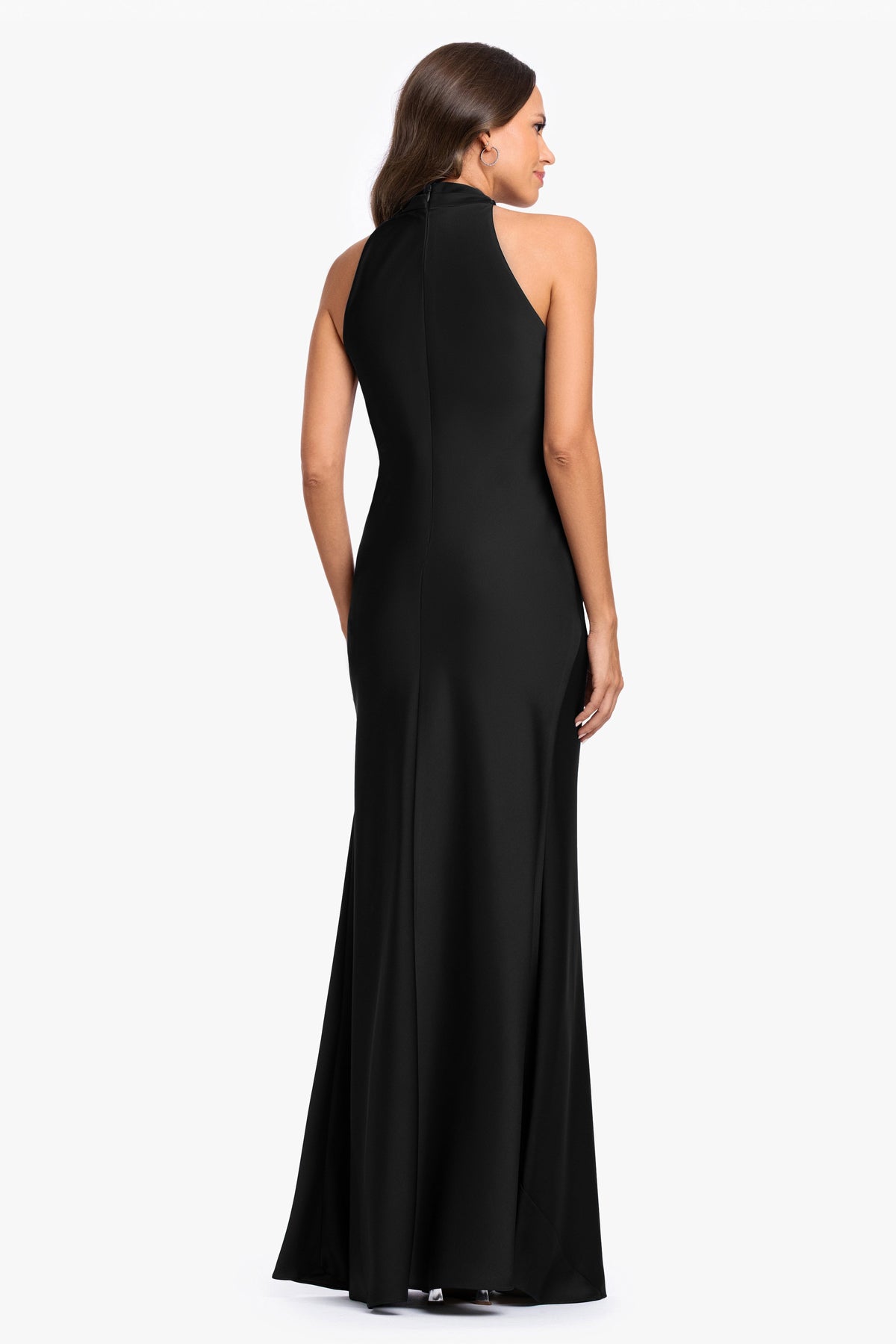Betsy & Adam "Diane" Satin Knot Neck & Closed Back Dress - Black
