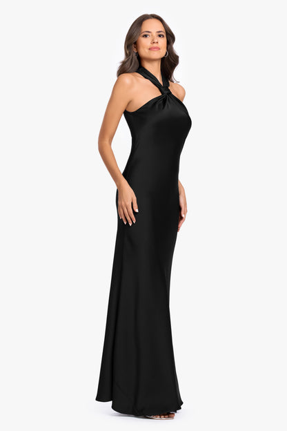 Betsy & Adam "Diane" Satin Knot Neck & Closed Back Dress - Black