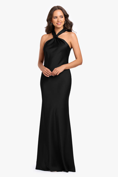 Betsy & Adam "Diane" Satin Knot Neck & Closed Back Dress - Black
