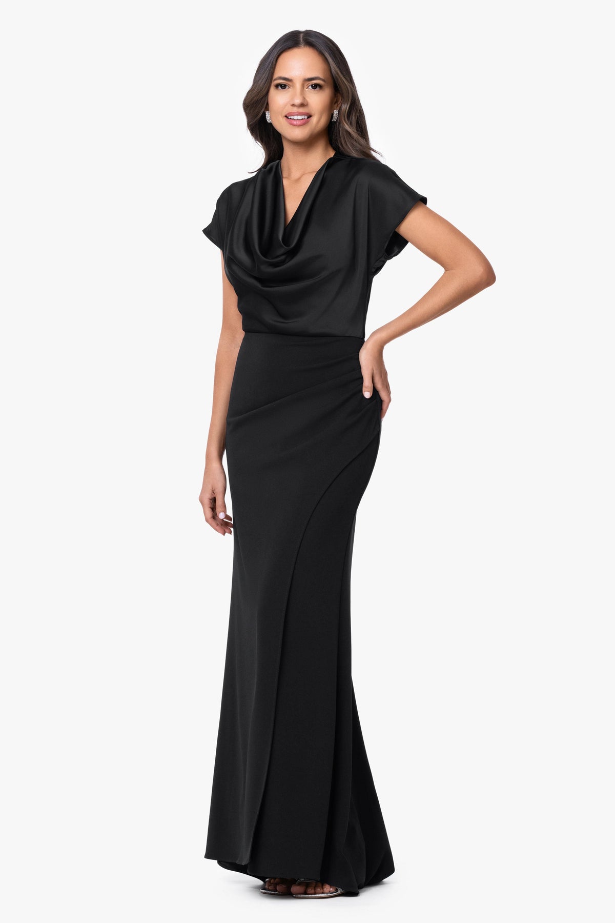 Betsy & Adam Petite "Rinna" Scuba Crepe & Satin Cowl Neck Dress - Black
