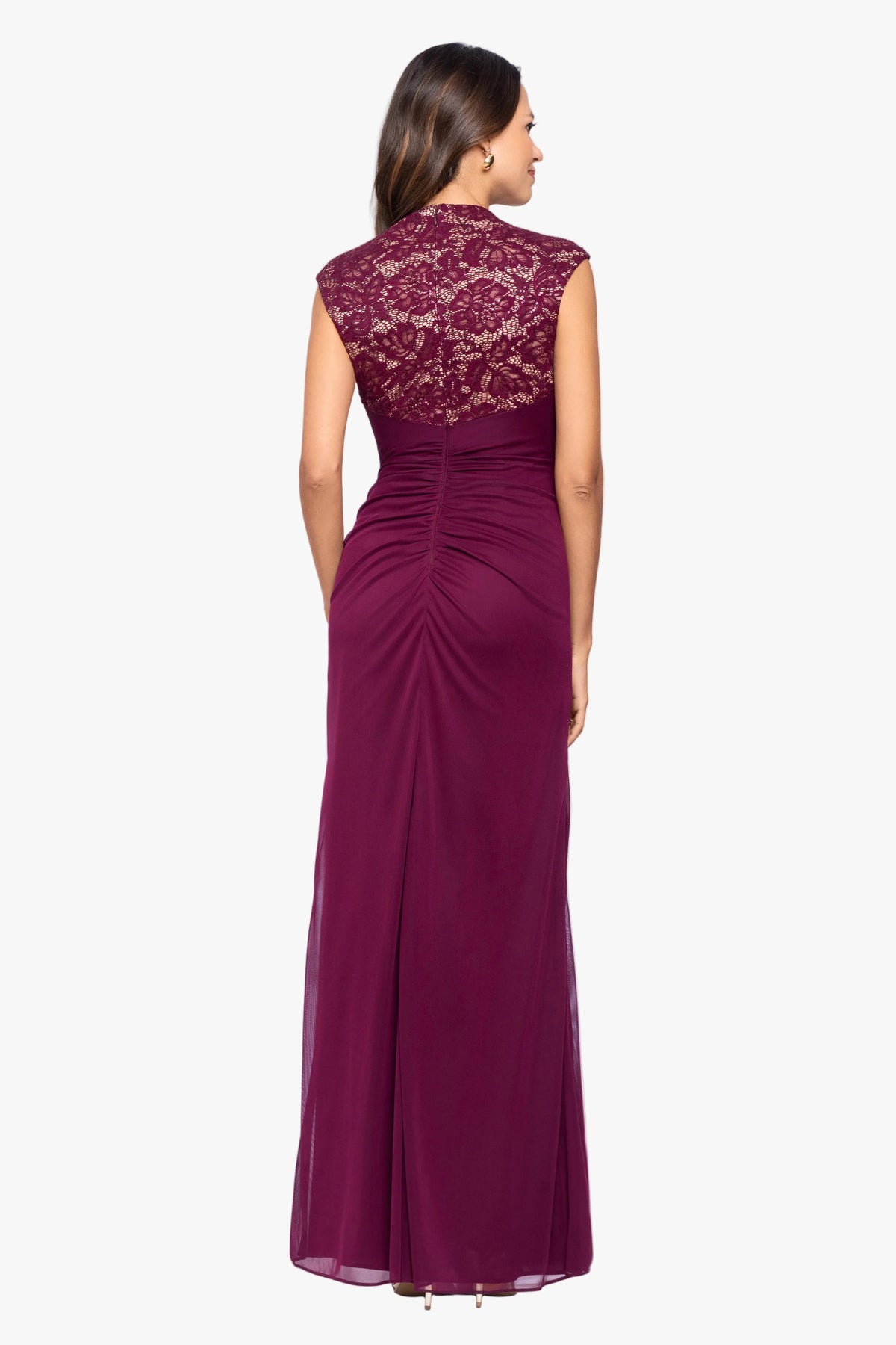 Betsy & Adam “Dayna” Sheer Matte Jersey Knit Lace Neck Ruched Dress - Garnet/Nude