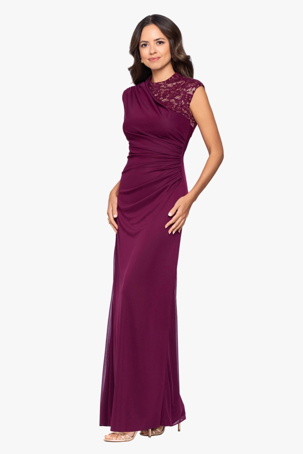 Betsy & Adam “Dayna” Sheer Matte Jersey Knit Lace Neck Ruched Dress - Garnet/Nude
