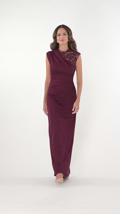 Betsy & Adam “Dayna” Sheer Matte Jersey Knit Lace Neck Ruched Dress - Garnet/Nude