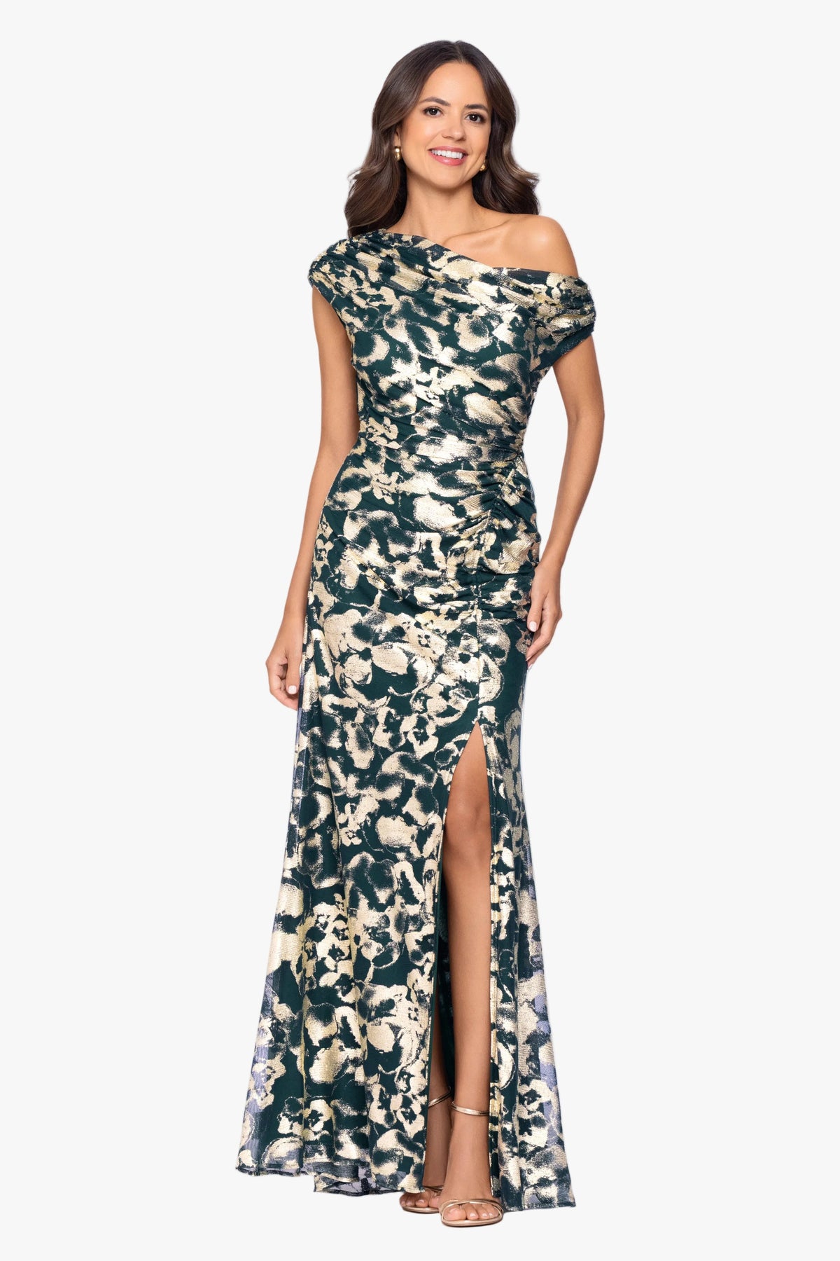 Betsy & Adam "Lauren" Foil Mesh Off The Shoulder Ruched Dress - Green/Gold