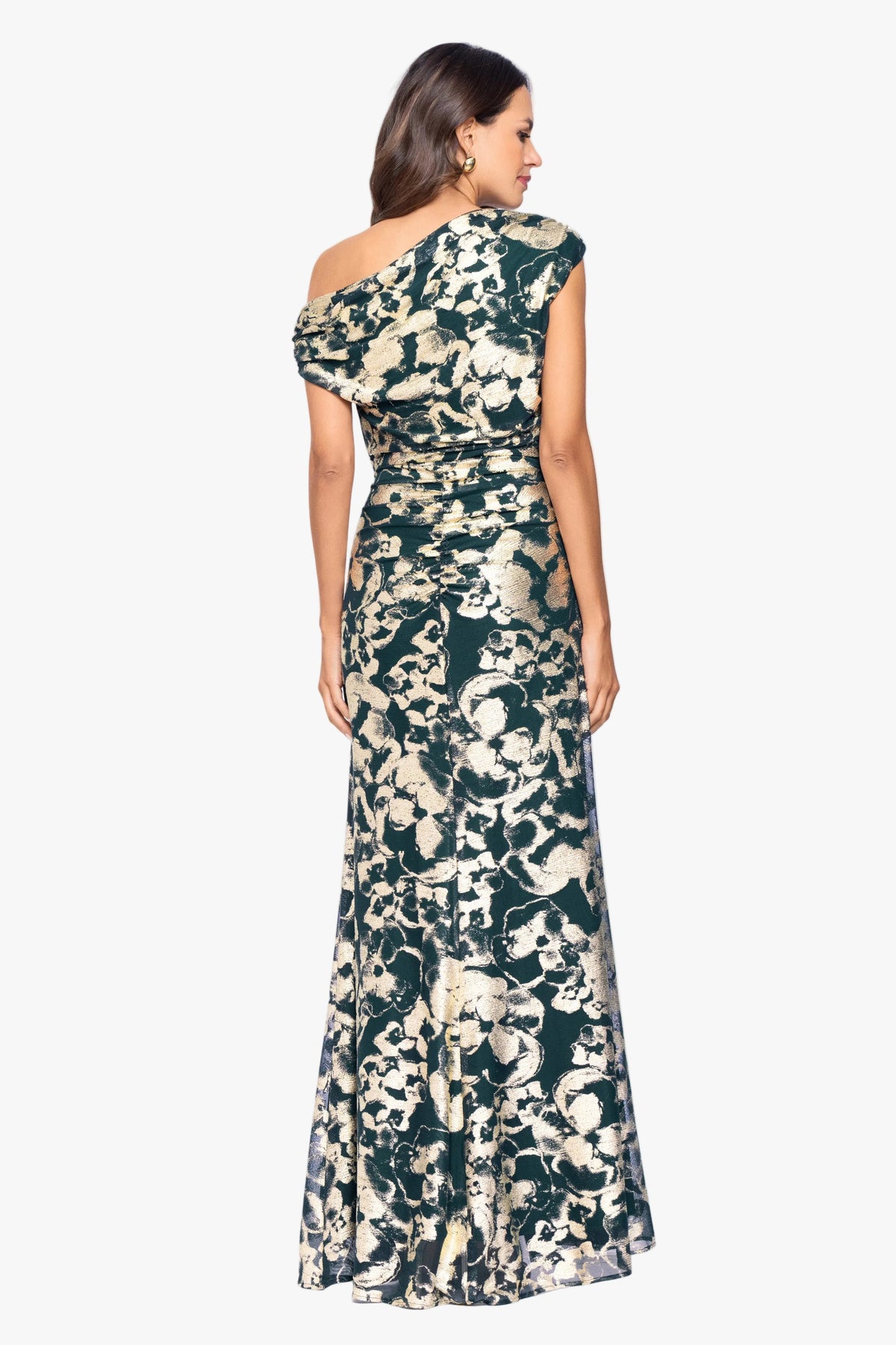 Betsy & Adam "Lauren" Foil Mesh Off The Shoulder Ruched Dress - Green/Gold