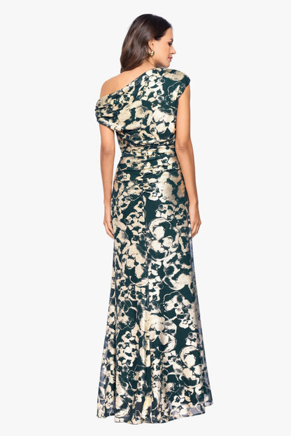 Betsy & Adam "Lauren" Foil Mesh Off The Shoulder Ruched Dress - Green/Gold