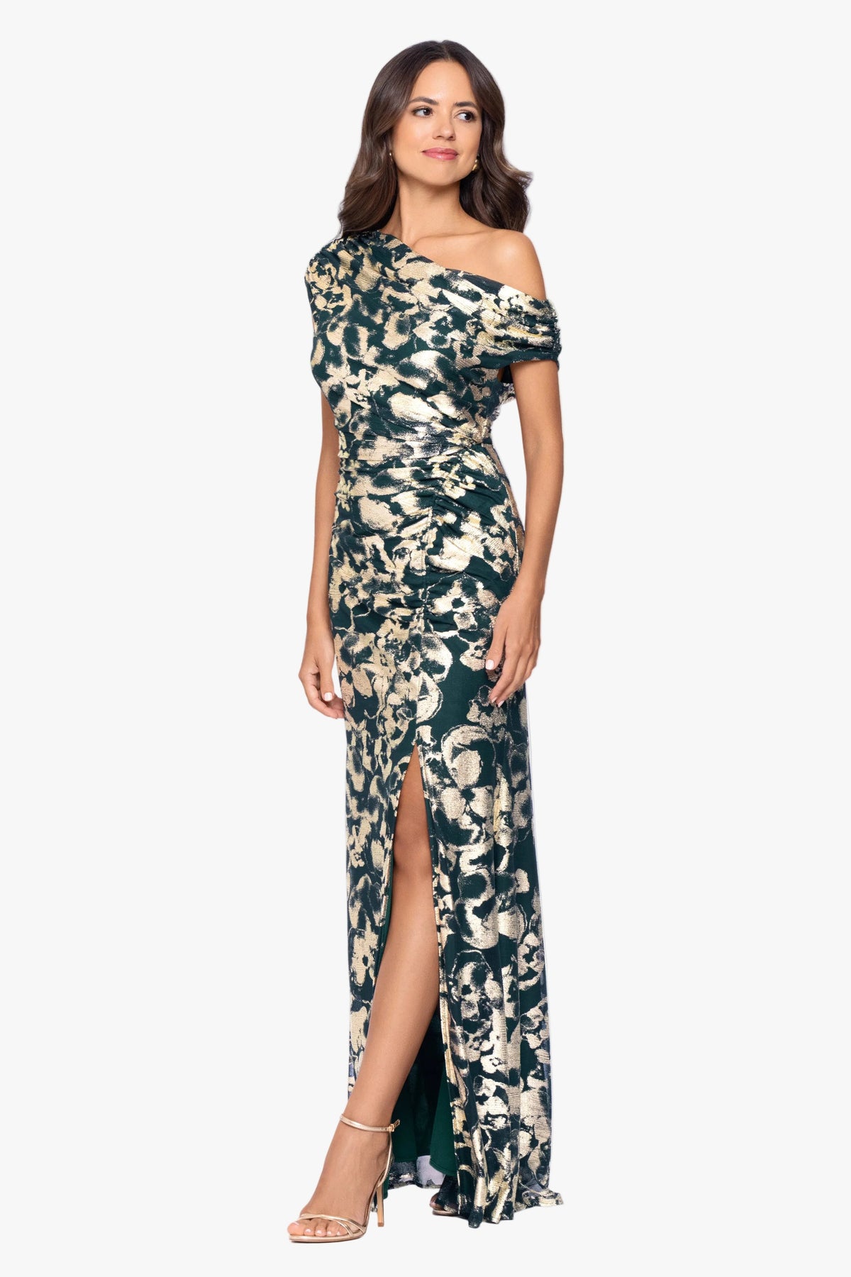 Betsy & Adam "Lauren" Foil Mesh Off The Shoulder Ruched Dress - Green/Gold