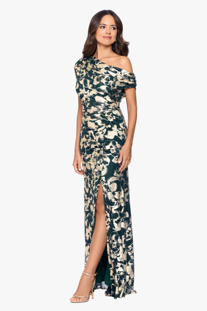 Betsy & Adam "Lauren" Foil Mesh Off The Shoulder Ruched Dress - Green/Gold
