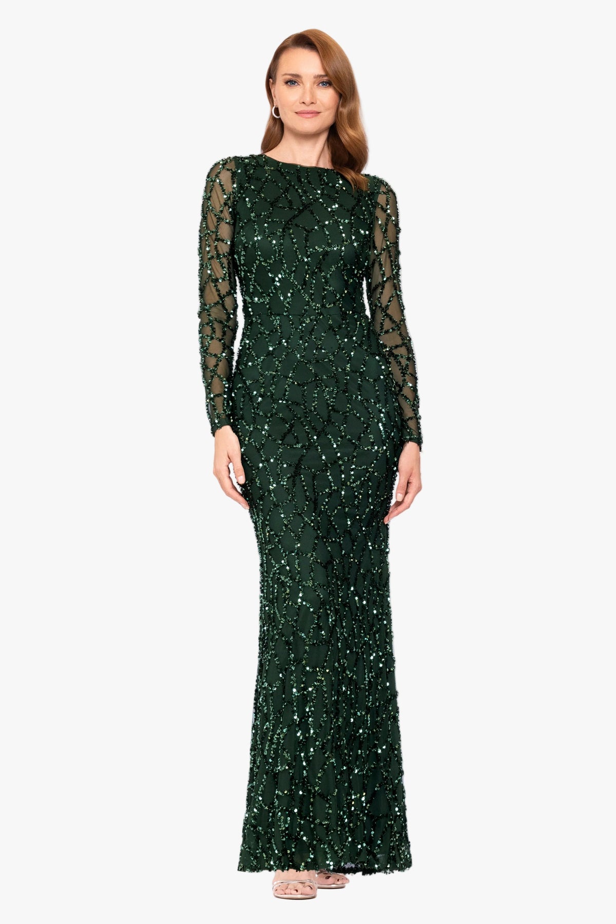 Betsy & Adam "Hudson" Sequin Long Sleeve Dress - Hunter