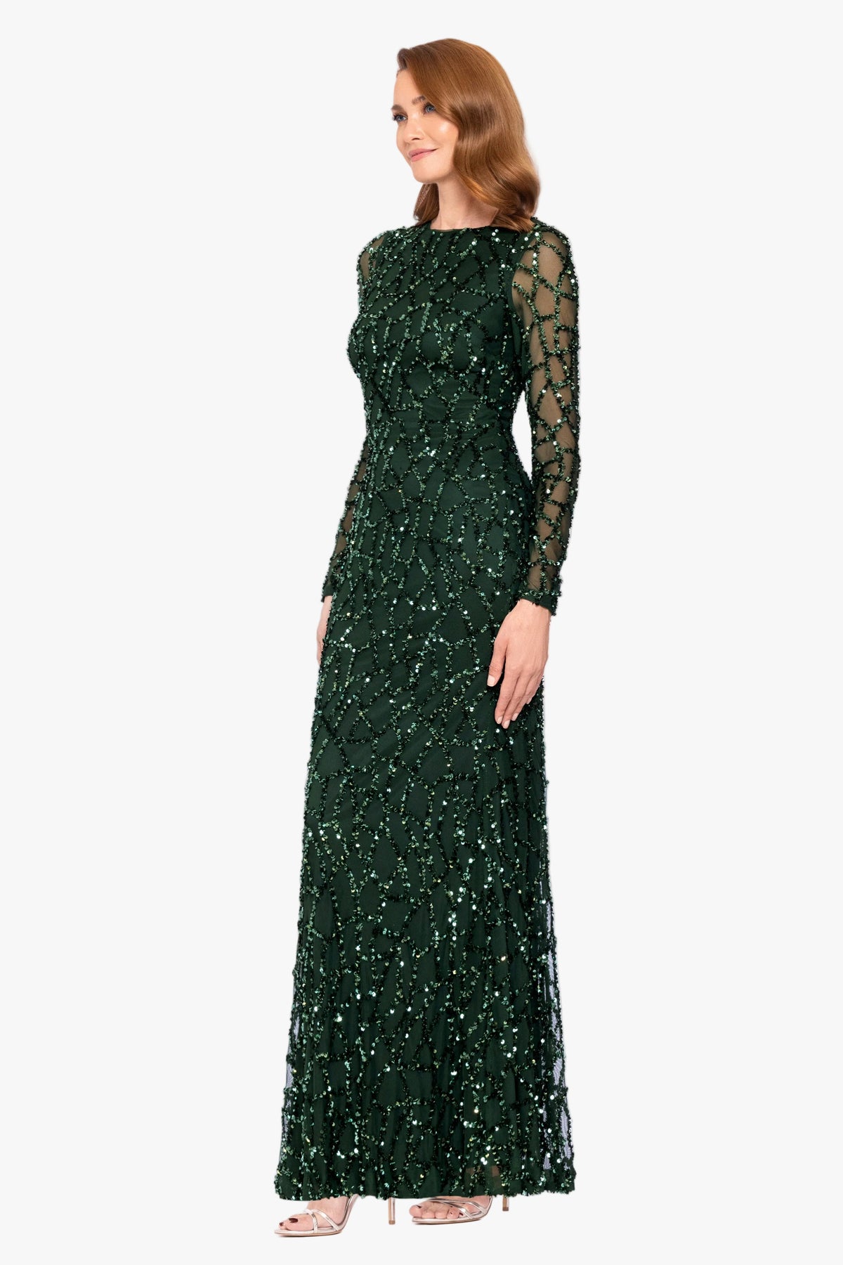 Betsy & Adam "Hudson" Sequin Long Sleeve Dress - Hunter