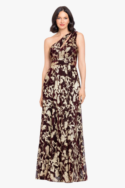 Betsy & Adam "Sadie" Crinkle Foil One Shoulder Dress - Wine/Gold