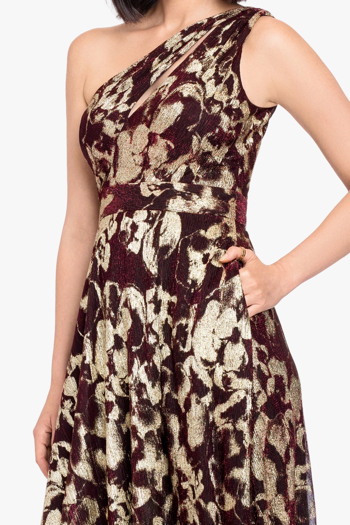 Betsy & Adam "Sadie" Crinkle Foil One Shoulder Dress - Wine/Gold