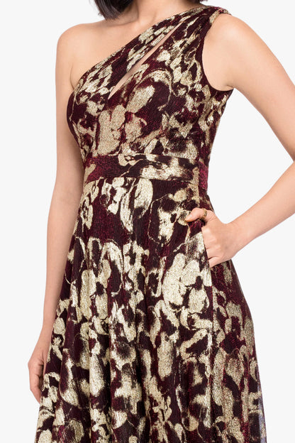 Betsy & Adam "Sadie" Crinkle Foil One Shoulder Dress - Wine/Gold