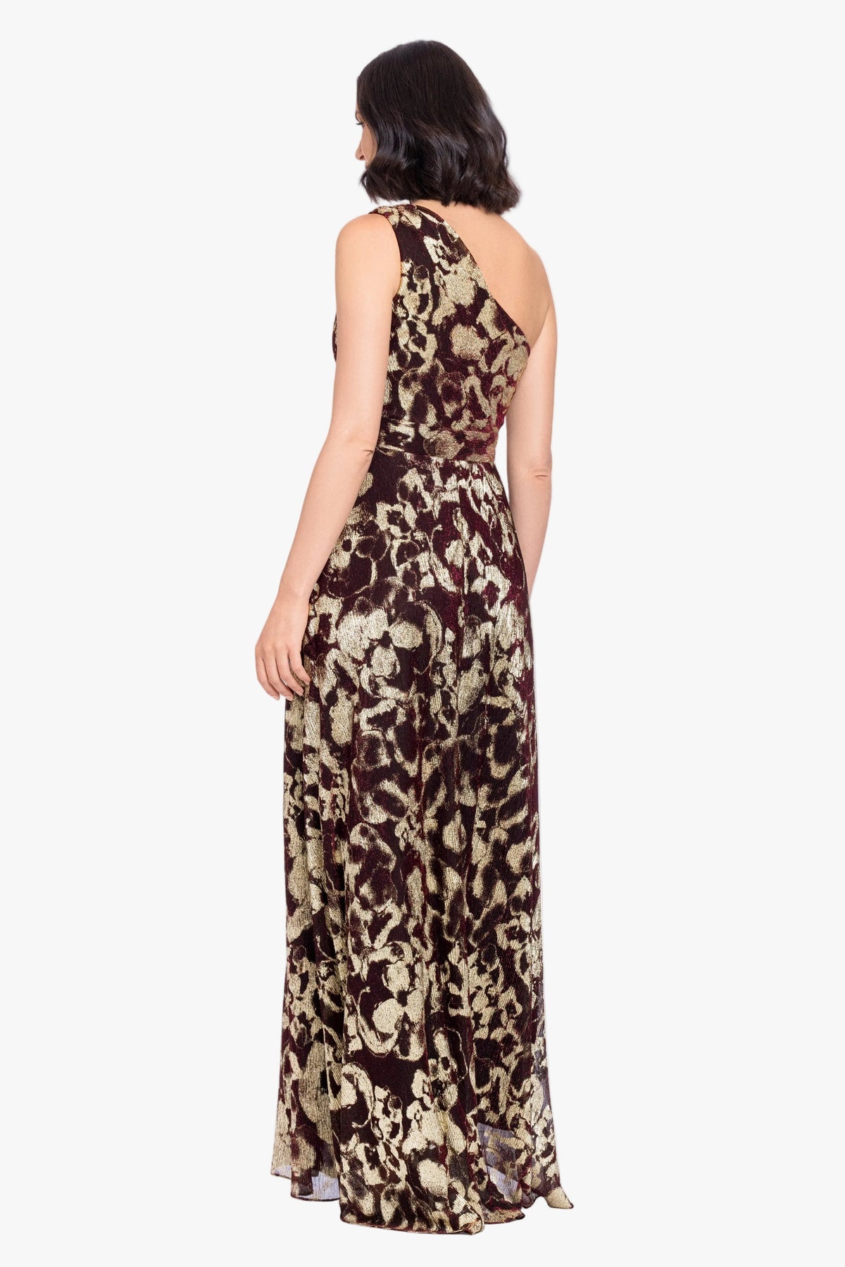 Betsy & Adam "Sadie" Crinkle Foil One Shoulder Dress - Wine/Gold