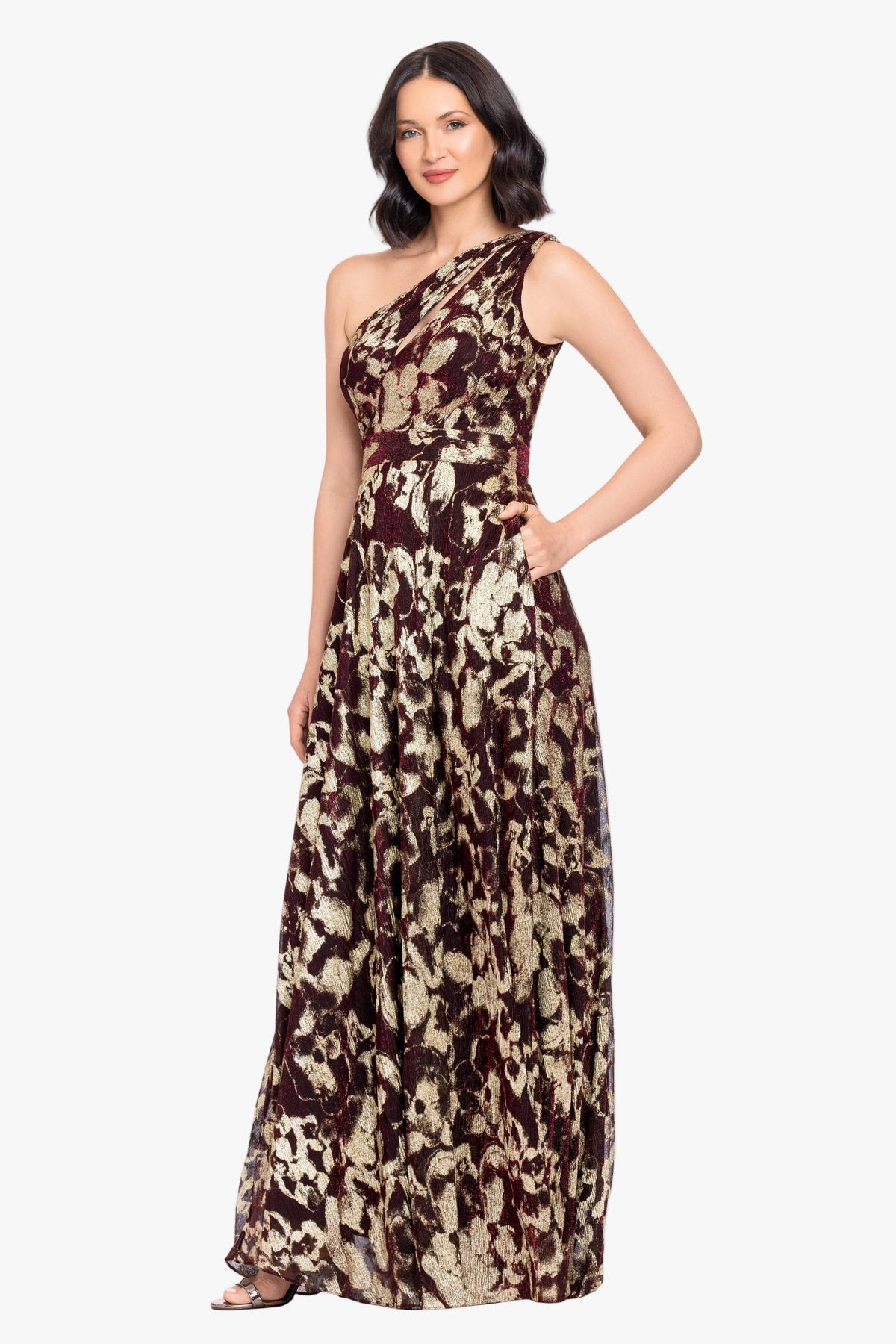 Betsy & Adam "Sadie" Crinkle Foil One Shoulder Dress - Wine/Gold