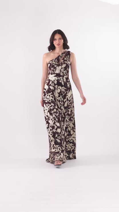 Betsy & Adam "Sadie" Crinkle Foil One Shoulder Dress - Wine/Gold
