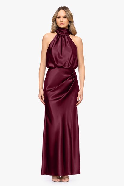 Betsy & Adam Petite "Tara" Satin Tie Neck Dress - Burgundy