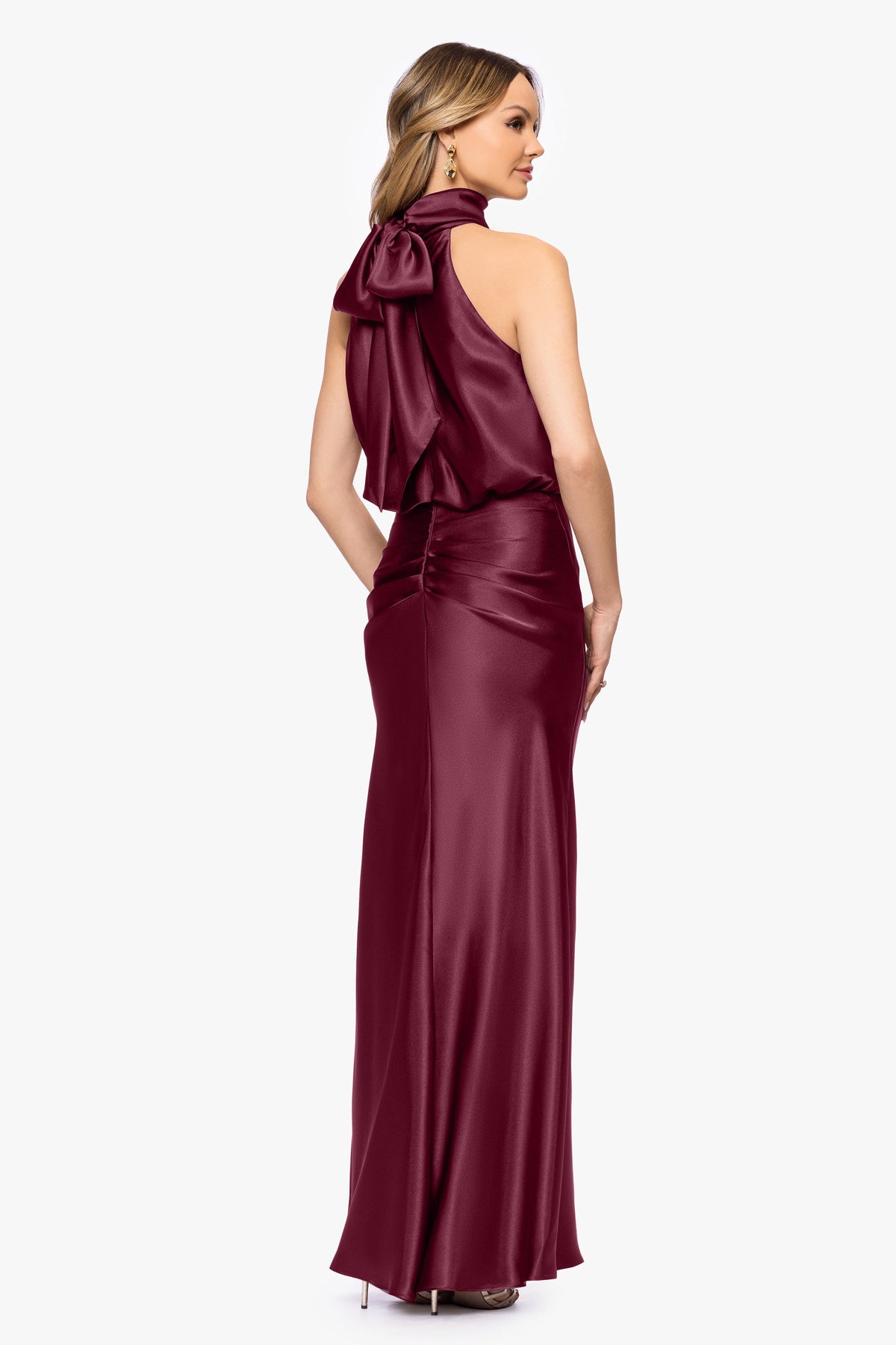 Betsy & Adam Petite "Tara" Satin Tie Neck Dress - Burgundy