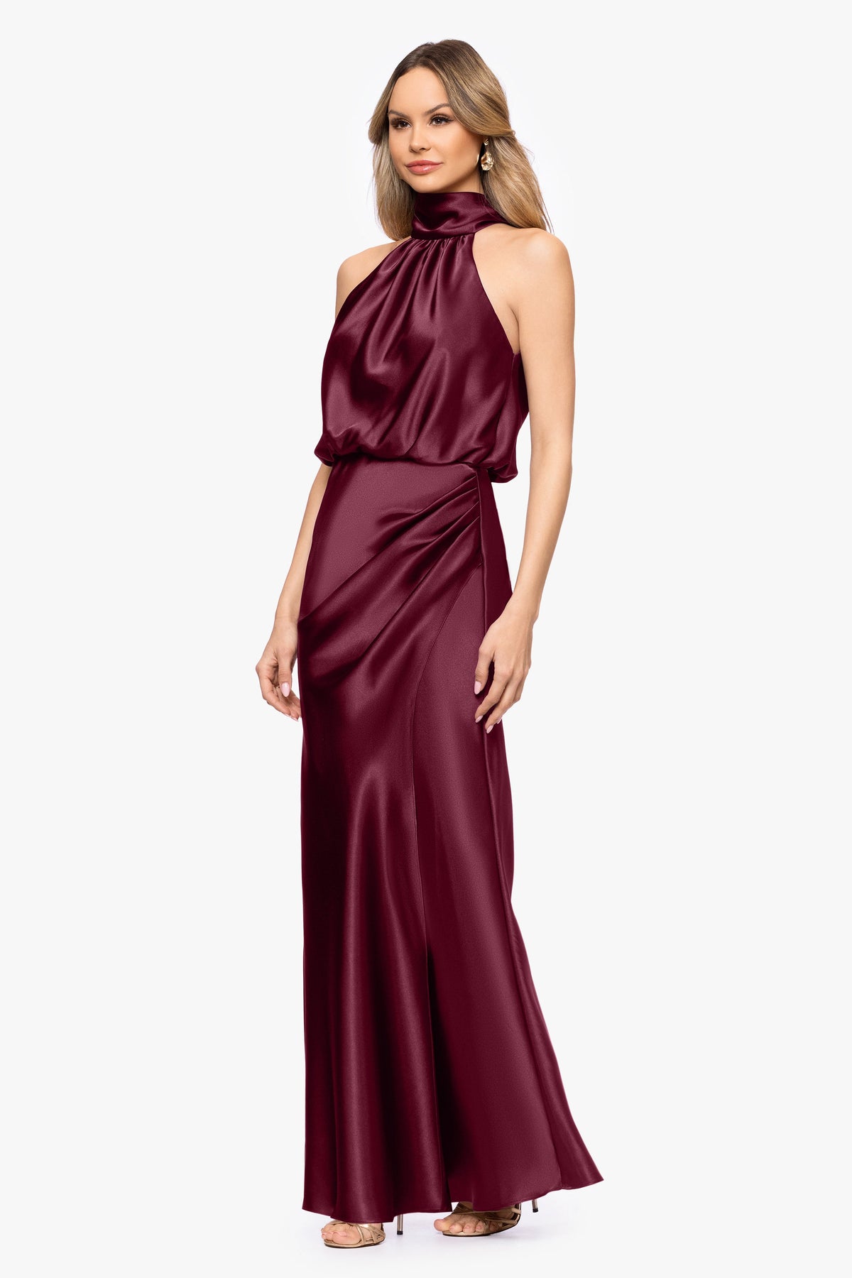 Betsy & Adam Petite "Tara" Satin Tie Neck Dress - Burgundy