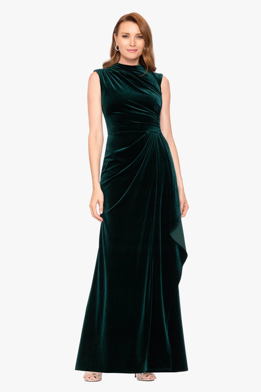 Betsy & Adam "Cherie" Velvet Side Ruched Dress - Hunter